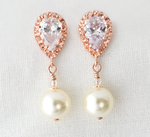 Rose Gold Pearl Wedding Earrings, Ivory Pearl Dangle Earrings, Pearl Drop Earrings, Pearl Bridal Earrings