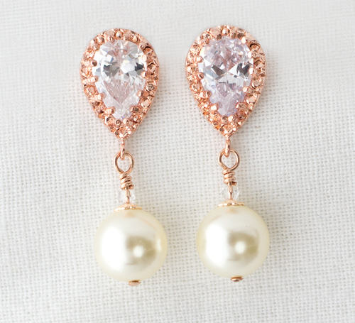 Rose Gold Pearl Wedding Earrings, Ivory Pearl Dangle Earrings, Pearl Drop Earrings, Pearl Bridal Earrings